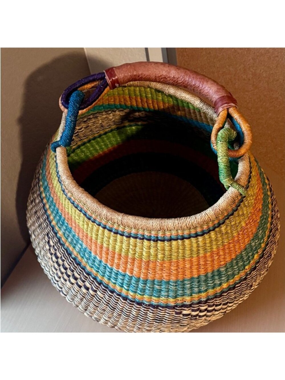 Colorful Woven Bolga Market Basket Leather Handle - Picture 3 of 10
